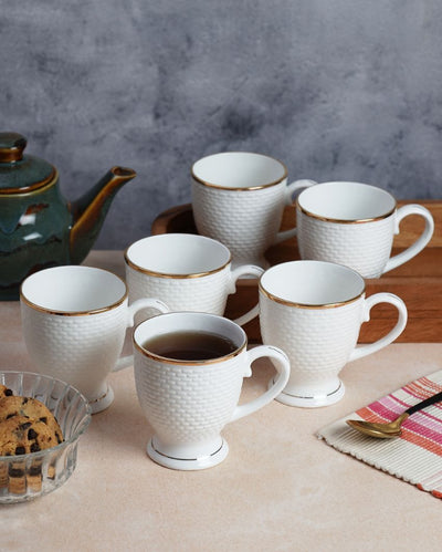 Ornate Golden Line Embossed Ceramic Mugs | Set of 6 | 180ml
