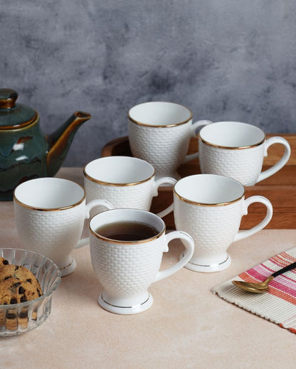 Ornate Golden Line Embossed Ceramic Mugs | Set of 6 | 180ml