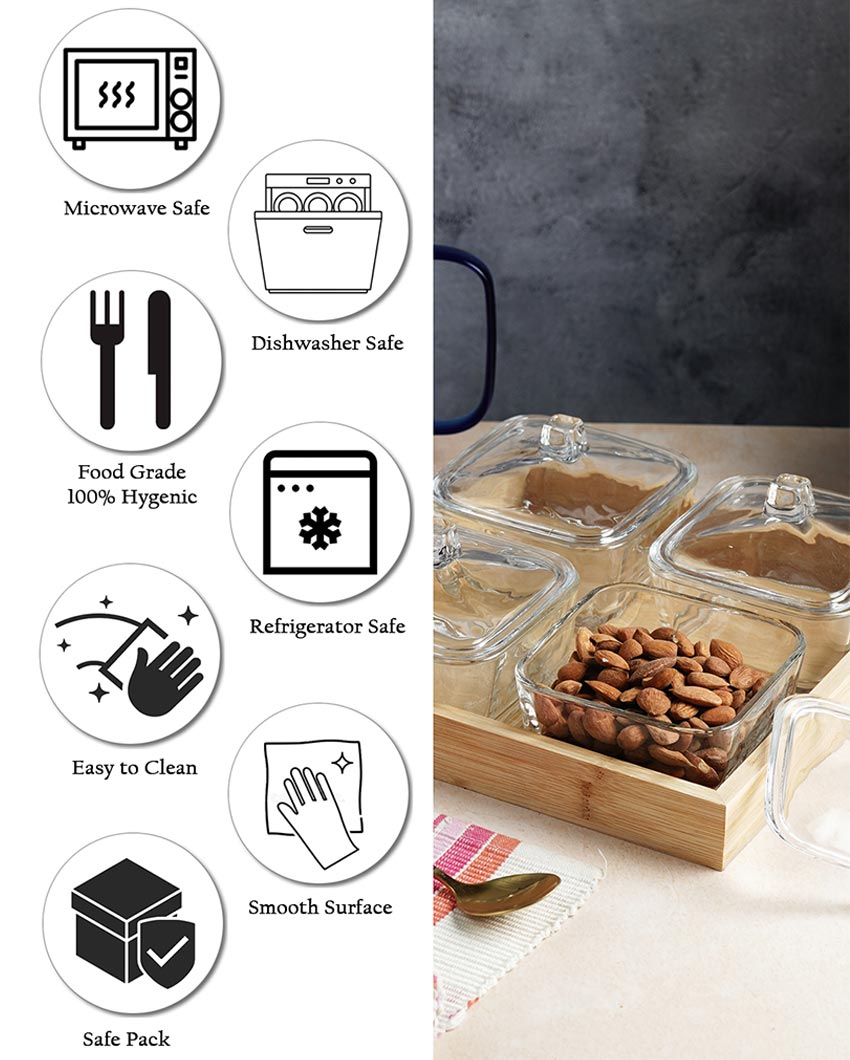 Elegant Glass Dry Fruit Serving Bowls With Wooden Tray | Pack of 5