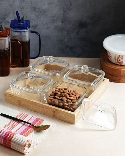 Elegant Glass Dry Fruit Serving Bowls With Wooden Tray | Pack of 5