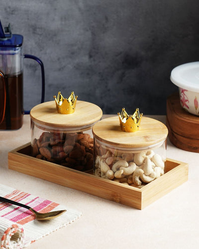 Compact Glass Dry Fruit Serving Bowls With Wooden Tray | Pack of 3