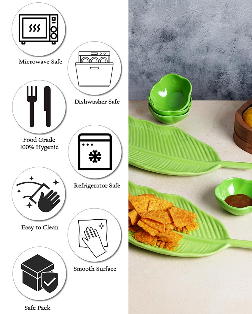 Stylish Ceramic Leaf Platter With Dip Bowls | Pack of 6