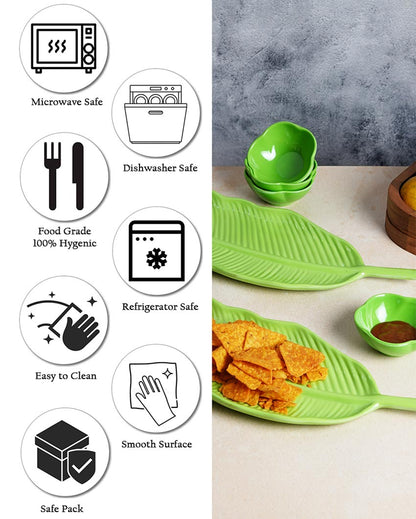 Stylish Ceramic Leaf Platter With Dip Bowls | Pack of 6
