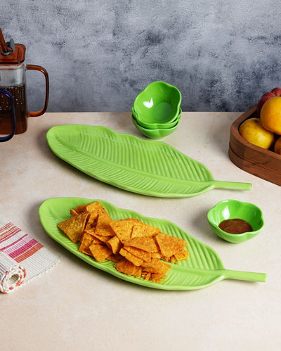 Stylish Ceramic Leaf Platter With Dip Bowls | Pack of 6