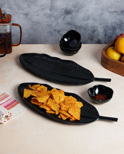 Stylish Ceramic Leaf Platter With Dip Bowls | Pack of 6