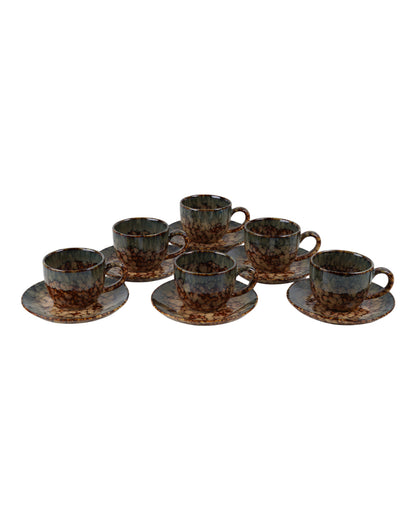 Durable Ceramic Brown Textured Mug And Saucer Set | Set of 6