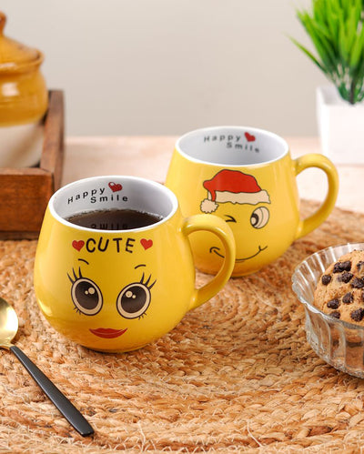 Cheerful Ceramic Yellow Smiley Face Mugs | Set of 2 | 300ml