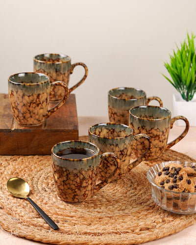 Sturdy Ceramic Brown Textured Glossy Mugs | Set of 6 | 300ml
