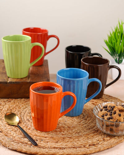 Artistic Ceramic Multi Colored Liner Designed Mugs | Set of 6 | 300ml