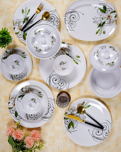 Beautiful Melamine White Green Floral Dinnerware | Pack of 34