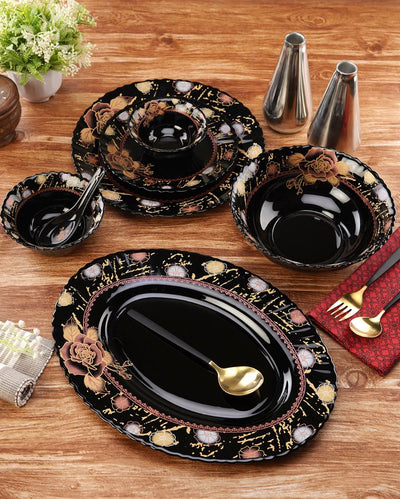 Modern Opalware Black Glossy Floral Print Dinner Set | Pack of 33