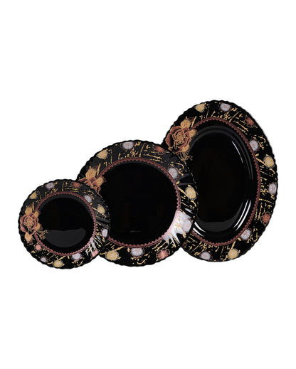 Modern Opalware Black Glossy Floral Print Dinner Set | Pack of 33