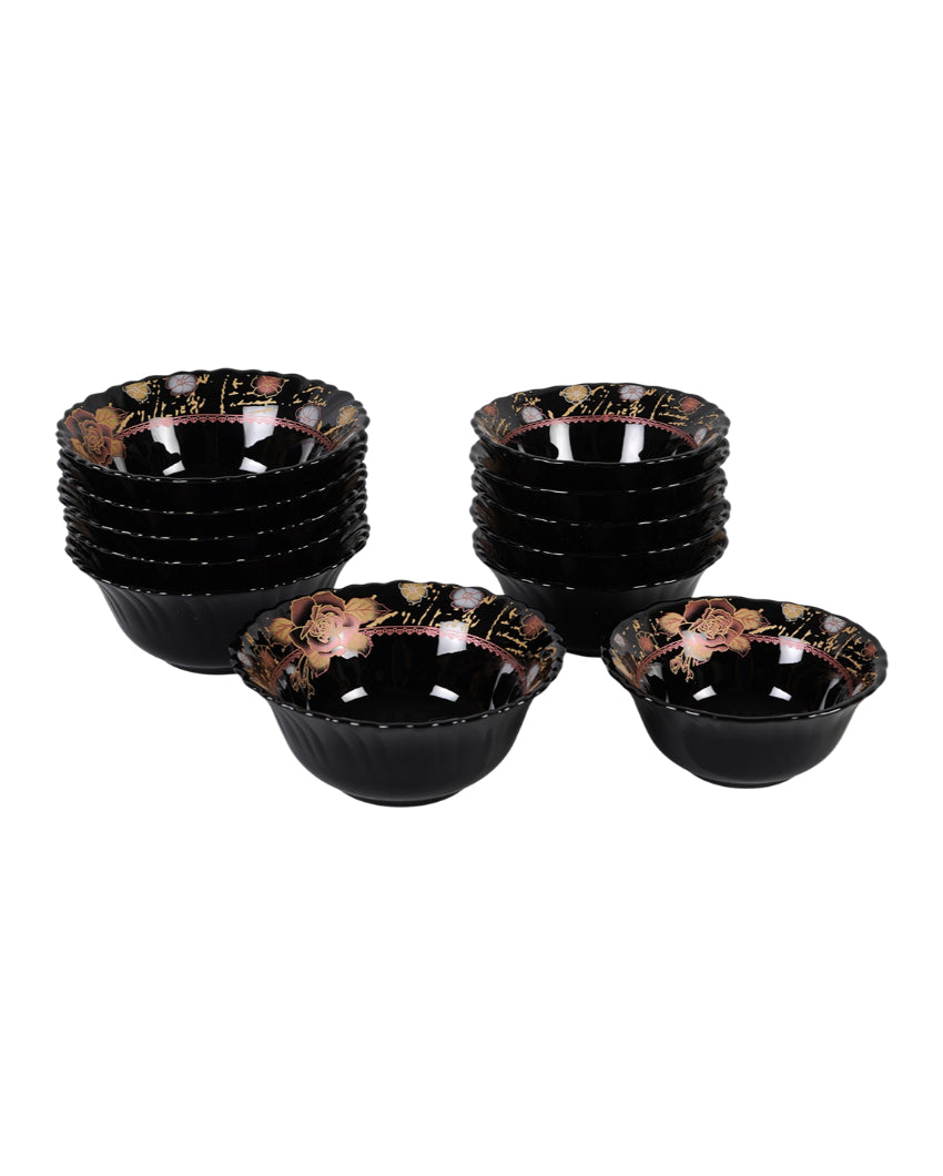 Modern Opalware Black Glossy Floral Print Dinner Set | Pack of 33