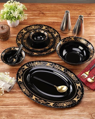 Elegant Opalware Black Glossy Printed Dinner Set