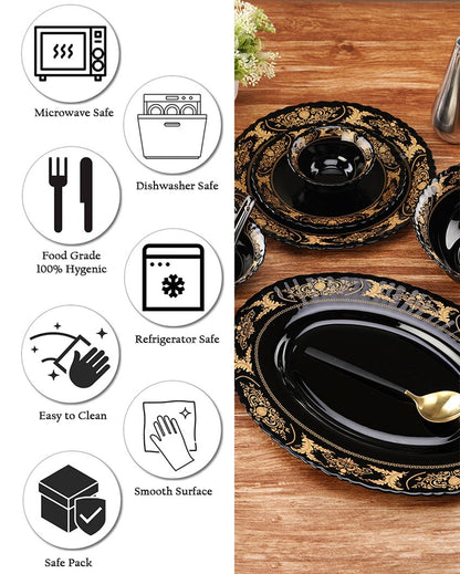Elegant Opalware Black Glossy Printed Dinner Set