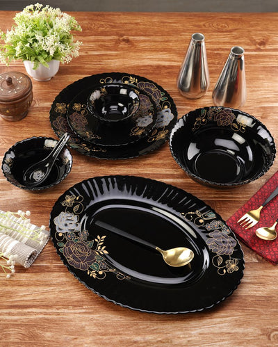 Complete Opalware Black Glossy Printed Dinner Set | Pack of 33