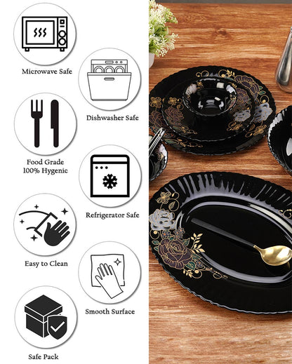 Complete Opalware Black Glossy Printed Dinner Set | Pack of 33