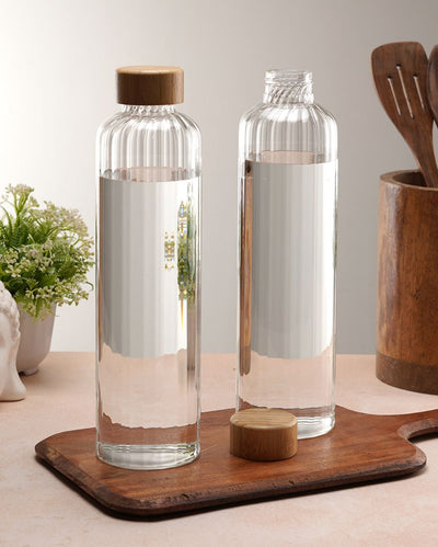 Stylish Striped Clear Glass Bottle | Set of 2 | 1000ml