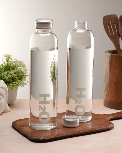Sleek Wide Clear H2O Print Glass Bottle | Set of 2 | 1000ml