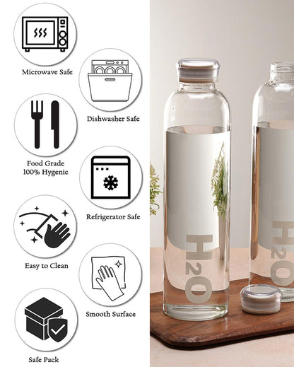Sleek Wide Clear H2O Print Glass Bottle | Set of 2 | 1000ml