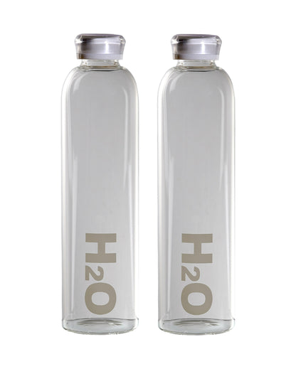 Sleek Wide Clear H2O Print Glass Bottle | Set of 2 | 1000ml