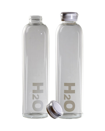 Sleek Wide Clear H2O Print Glass Bottle | Set of 2 | 1000ml
