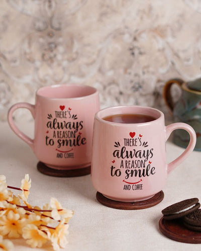 Pink & Black Printed Ceramic Glossy Mugs | Set of 2 | 300ml