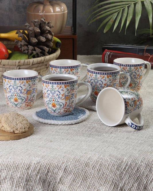 Modern Print Ceramic Tea Coffee Mugs With Wooden Tray | 220 ml | Set of 6 mugs & 1 wooden tray