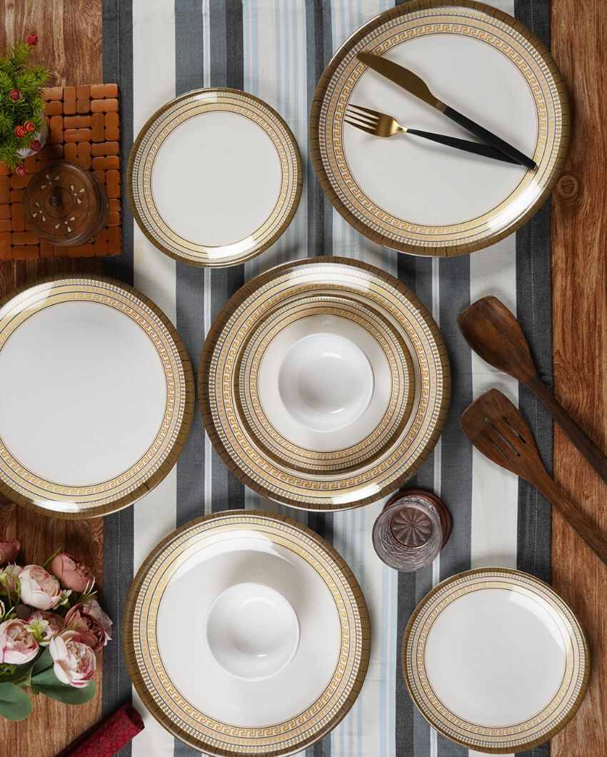 Aura White Gold Abstract Printed Melamine Dinner Set | 18 Pieces