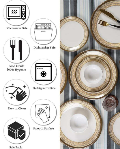 Aura White Gold Abstract Printed Melamine Dinner Set | 18 Pieces