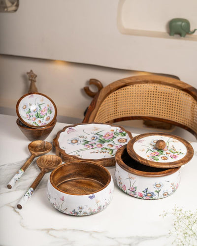 Phool Bahar Mango Wooden Roti Box with Bowl & Platter Serving Set | 6 Pieces