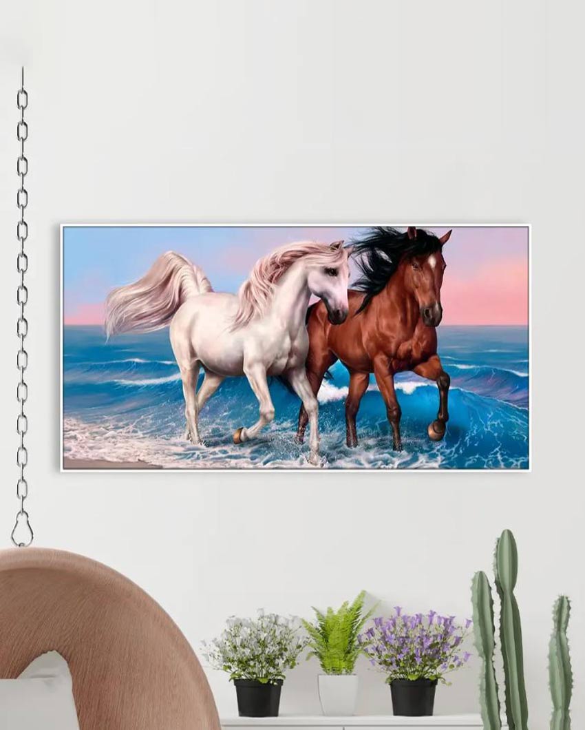 White and Brown Running Horses Canvas Framed Wall Painting 24x12 inches