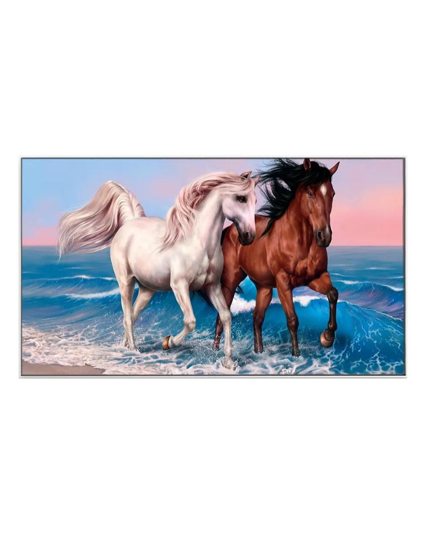 White and Brown Running Horses Canvas Framed Wall Painting 24x12 inches