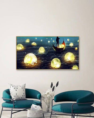 Lake of Moons Fantasy Floating Framed Canvas Wall Painting 24x12 inches