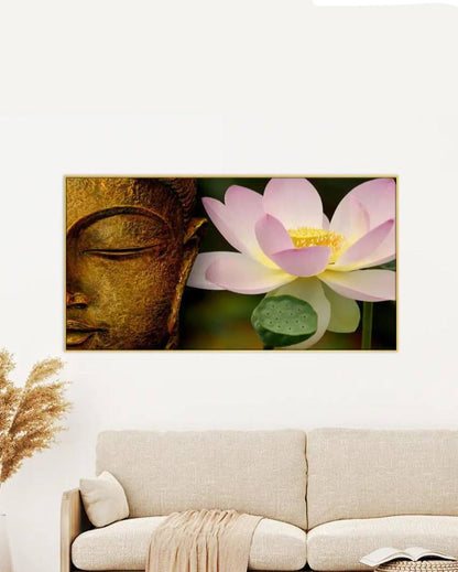 Lord Buddha with Lotus Spiritual Floating Framed Canvas Wall Painting 24x12 inches