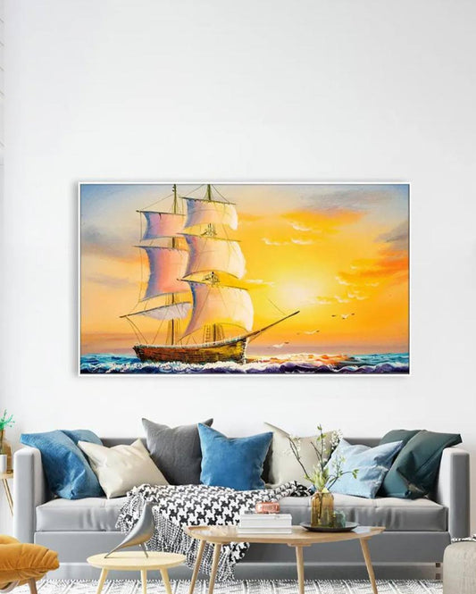 Beautiful Ship In The Sea Floating Framed Canvas Wall 24x12 inches