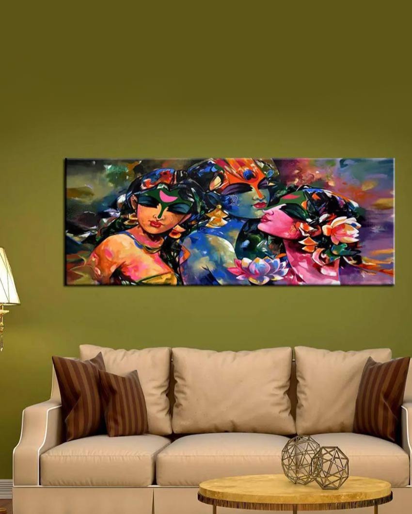 Radha Krishna Gopis Floating Framed Canvas Wall 24x12 inches