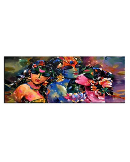 Radha Krishna Gopis Floating Framed Canvas Wall 24x12 inches