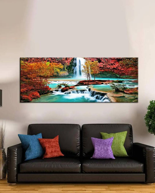 Beautiful Waterfall Nature Scenery Floating Framed Canvas Wall Painting 24x12 inches