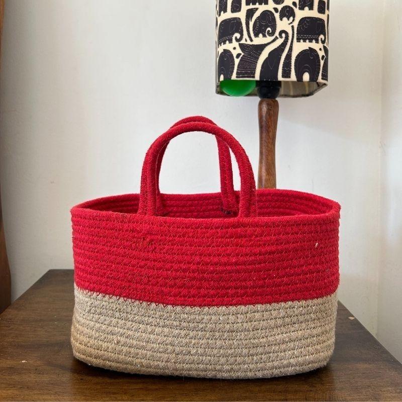 Lovely Handcrafted Red & Beige Duotone Cotton Basket