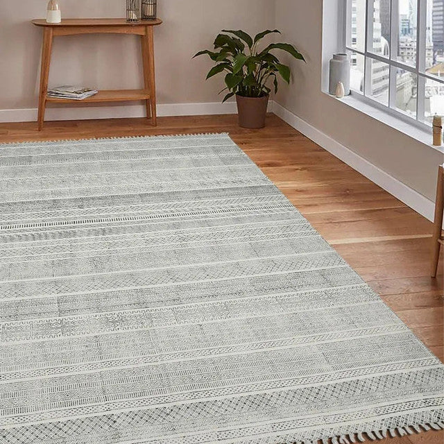 Woven Charcoal Geometric Pattern Hand Carpet | 8 x 5 Feet