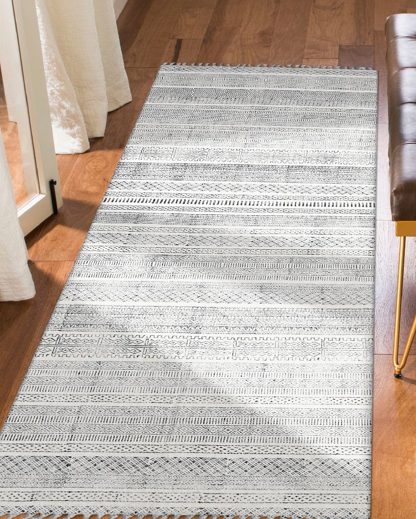 Woven Charcoal Geometric Pattern Hand Carpet | 8 x 5 Feet