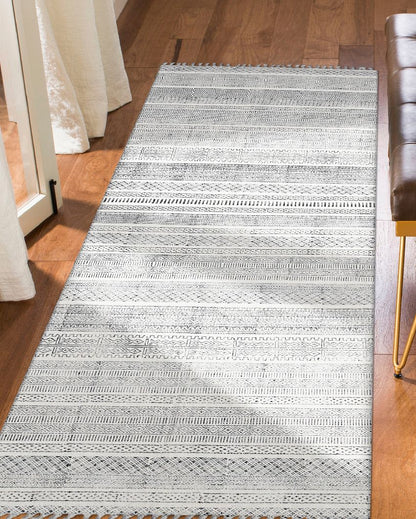 Woven Charcoal Geometric Pattern Hand Carpet | 8 x 5 Feet