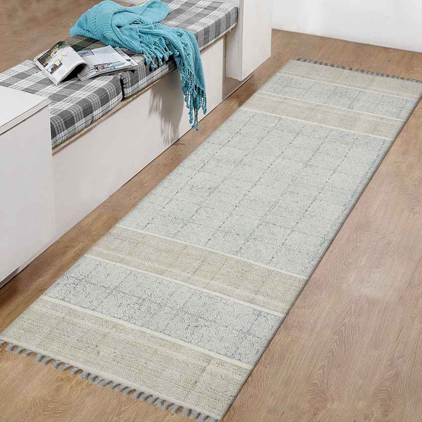 Elegant Blue Shade Hand-Woven Geometric Design Wool Rug | 10 x 7.6 Feet