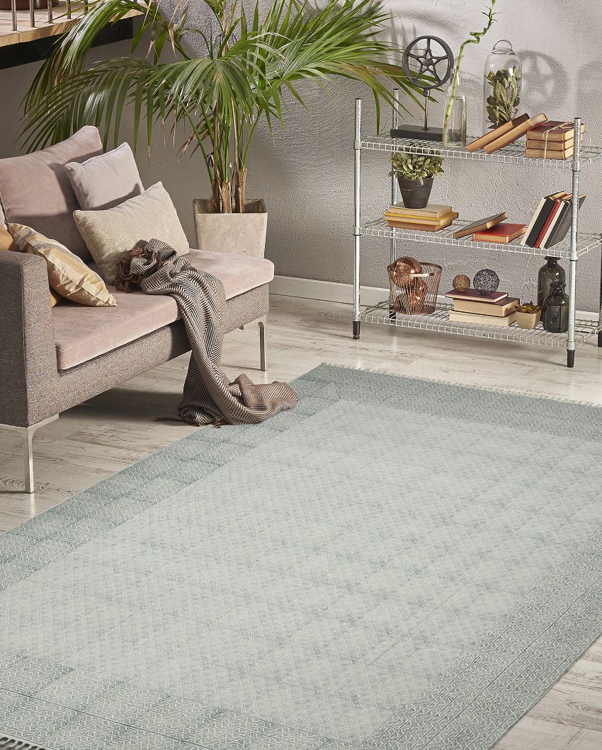 Blue Geometric Pattern Hand Woven Carpet | 7.6 x 5 ft