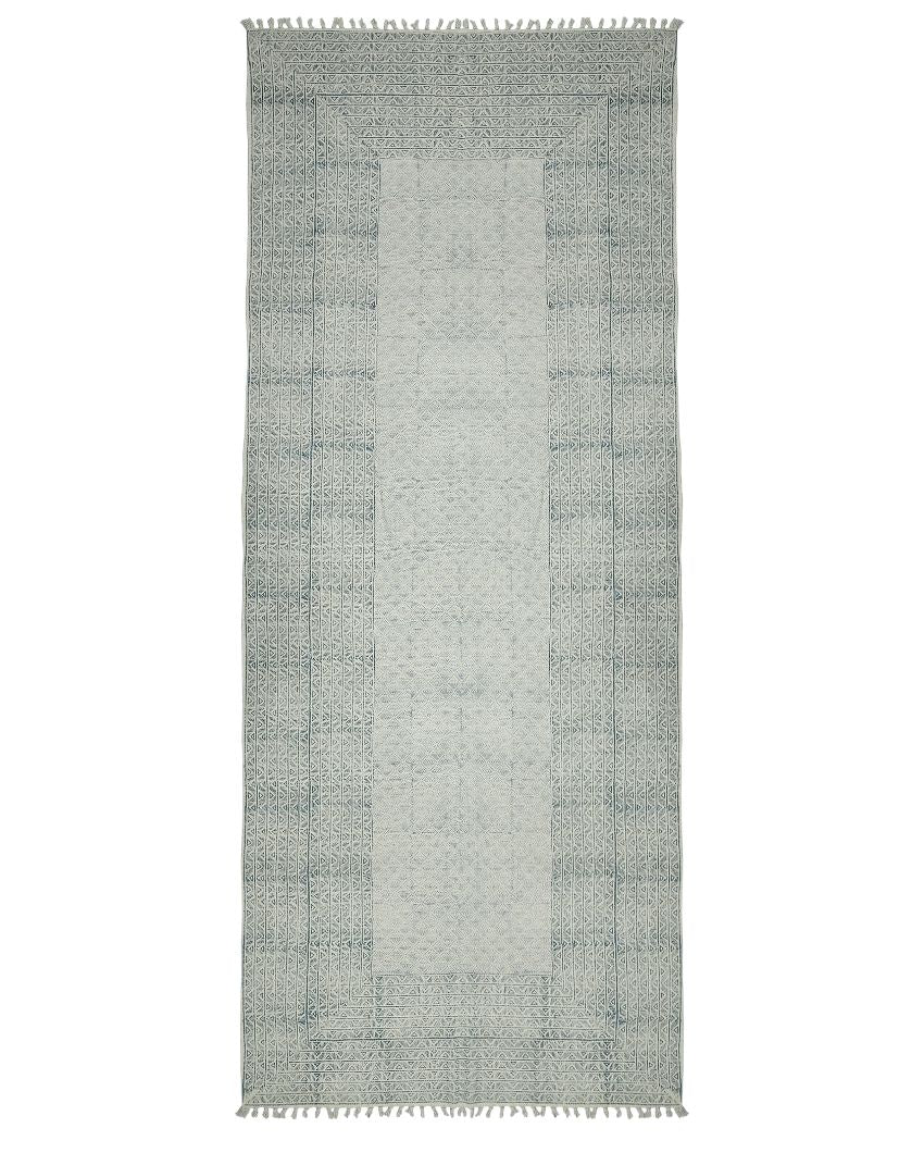 Blue Geometric Pattern Hand Woven Carpet | 7.6 x 5 ft