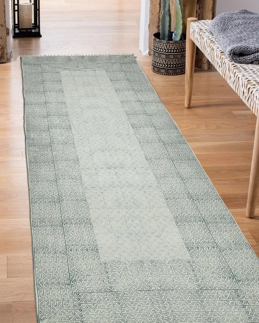 Blue Geometric Pattern Hand Woven Carpet | 7.6 x 5 ft