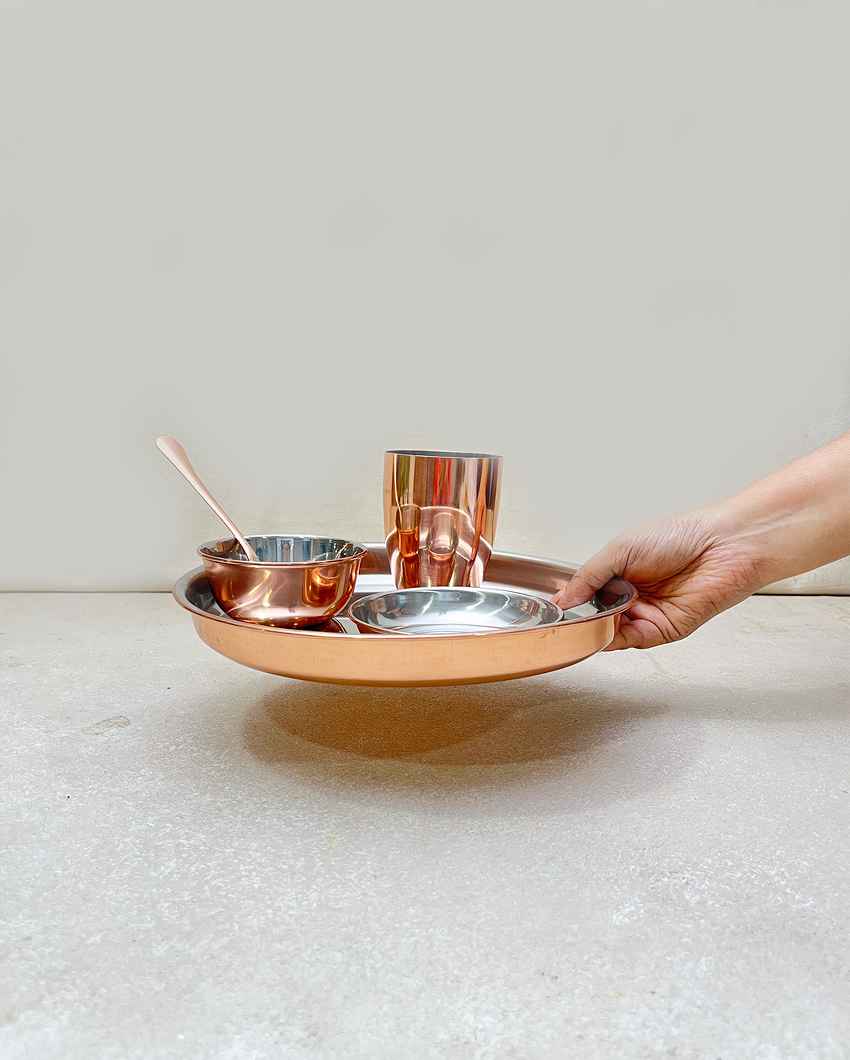 Elegant Rose Gold Copper-Plated Dinner Thali Combo | Pack of 5