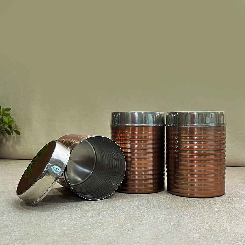 Modern Copper Ripped Canisters with Lids | Set of 3 | 4 x 6 inches | 900ml