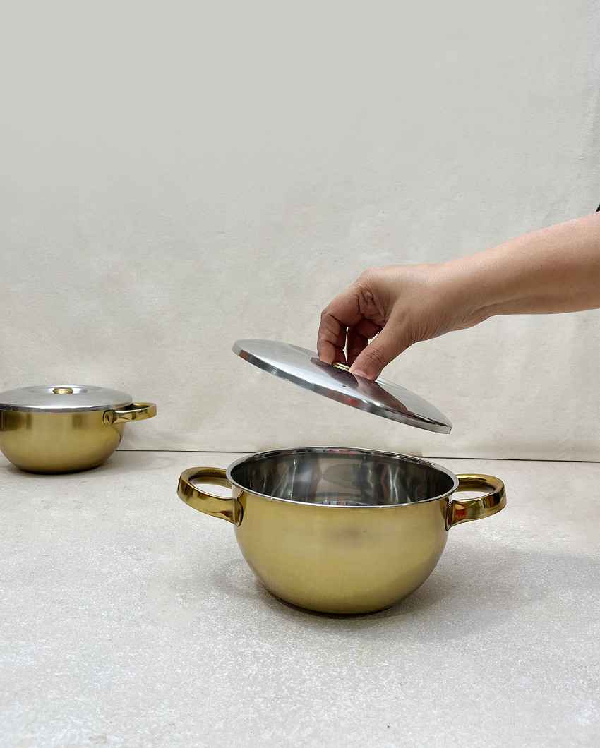 Luxurious Golden Serving Bowl with Handle Lid | Set of 2 | 10 x 4 inches | 1.2L